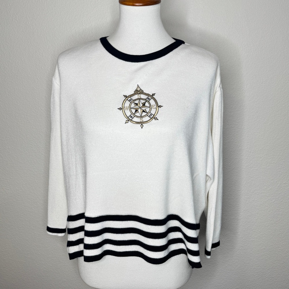 ST. JOHN SPORT Nautical Sweater SM Navy White Compass Boxy Yacht Quiet Luxury
